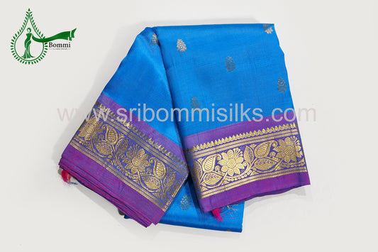 Sky Blue Color Pure Silk Saree Double Side Violet border Self contrast with small buttas and Rich Pallu