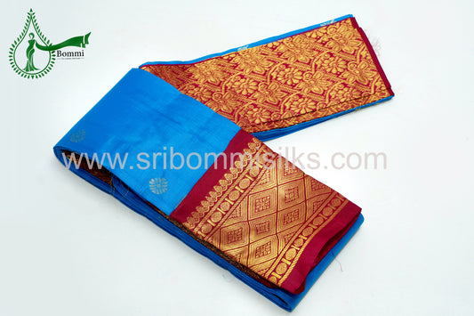 Sky Blue Color Kanchipuram Korvai Traditional One Side Pure Silk Saree with Crimson Red Contrast Border Rich Pallu and Small fancy butta