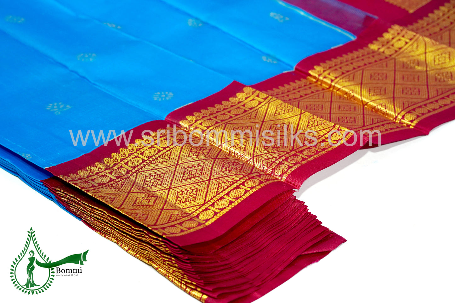 Sky Blue Color Kanchipuram Korvai Traditional One Side Pure Silk Saree with Crimson Red Contrast Border Rich Pallu and Small fancy butta