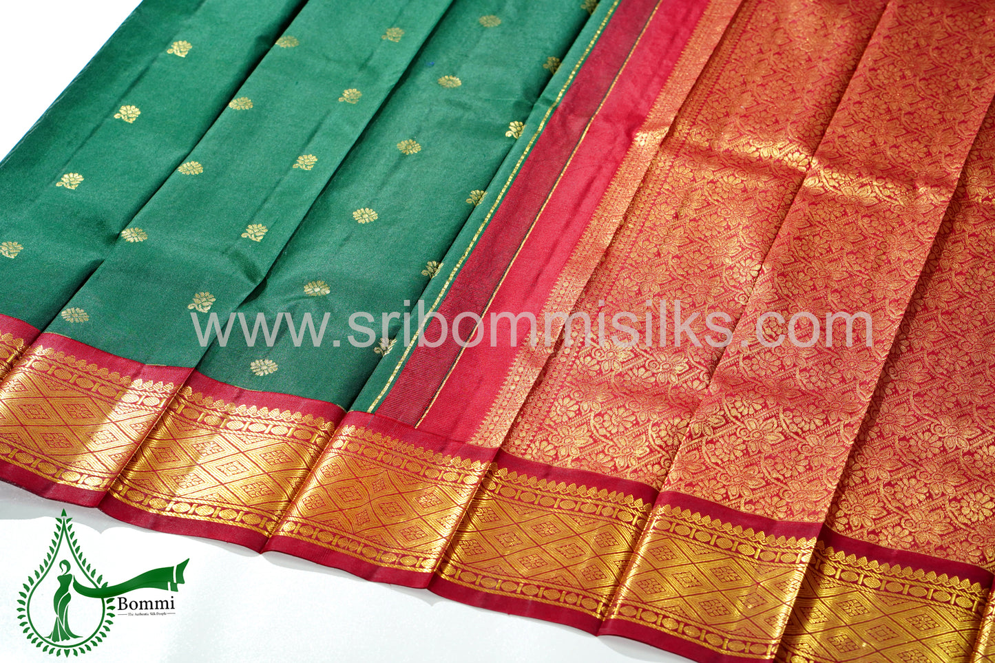 Bottle Green Color Kanchipuram Korvai Traditional One Side Pure Silk Saree with Crimson Red Contrast Border Rich Pallu and small fancy butta