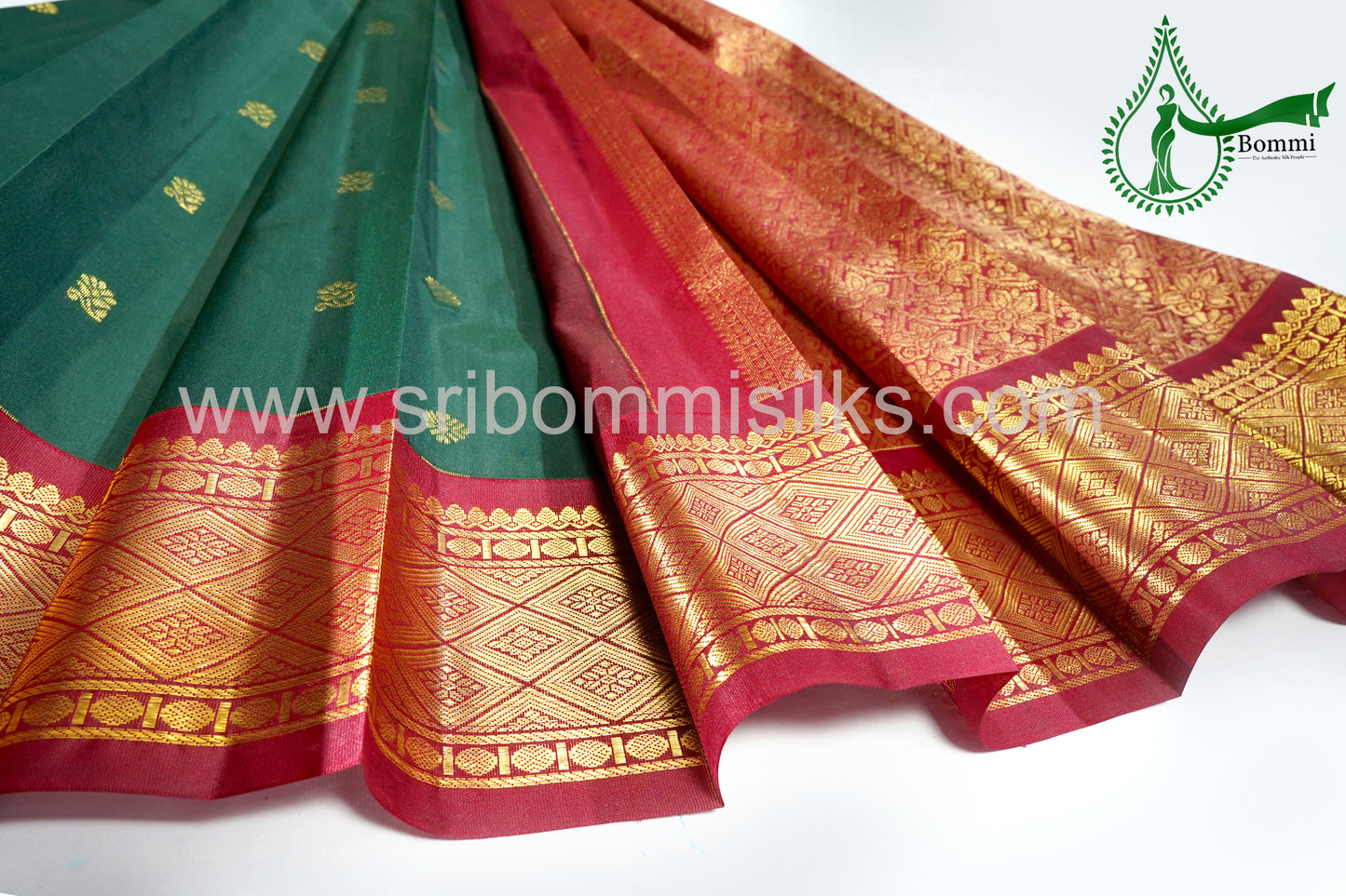 Bottle Green Color Kanchipuram Korvai Traditional One Side Pure Silk Saree with Crimson Red Contrast Border Rich Pallu and small fancy butta