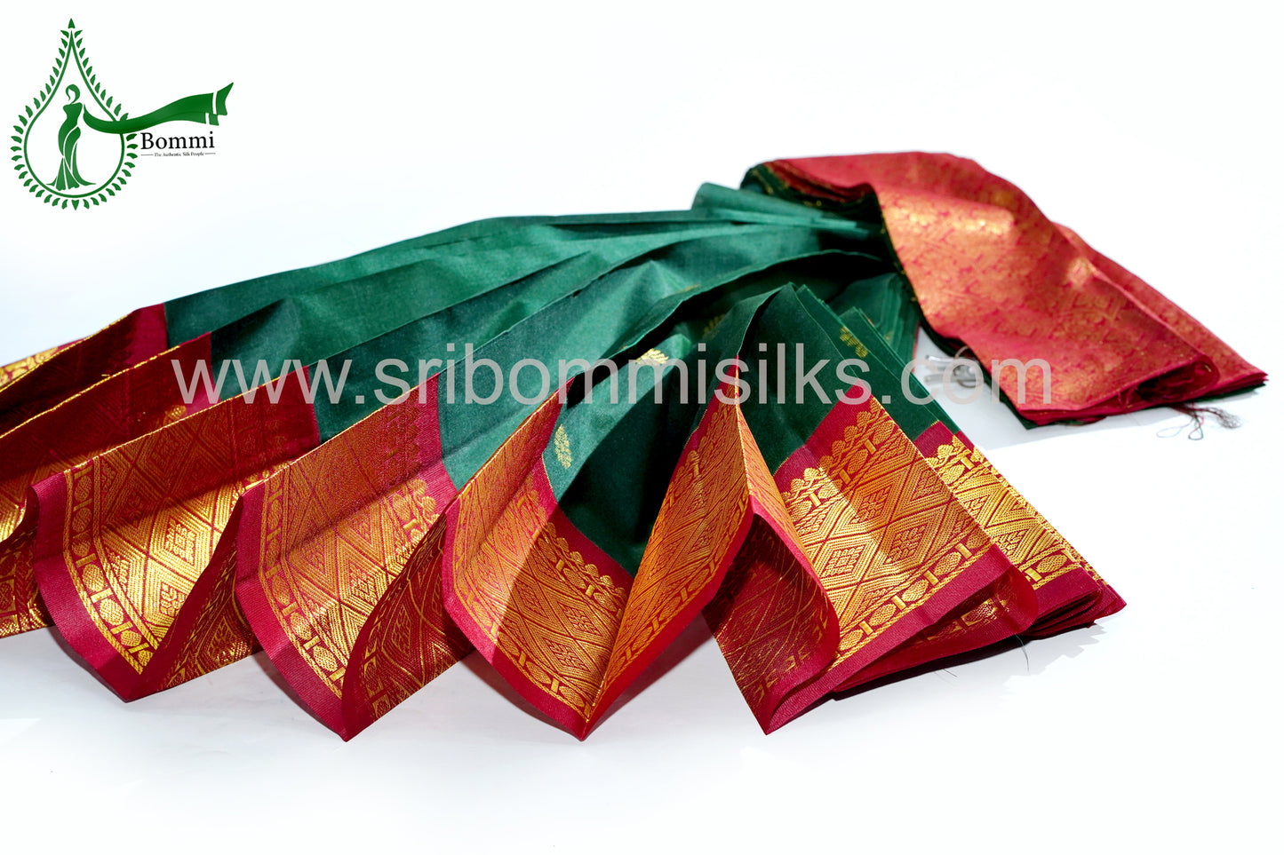 Bottle Green Color Kanchipuram Korvai Traditional One Side Pure Silk Saree with Crimson Red Contrast Border Rich Pallu and small fancy butta