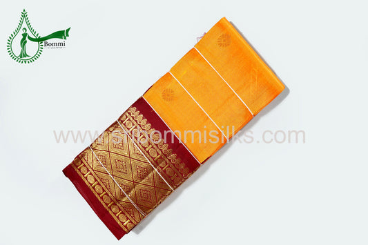 Mango Yellow Color Kanchipuram Korvai Traditional One Side Pure Silk Saree with Crimson Red Contrast Border Rich Pallu and Small fancy butta