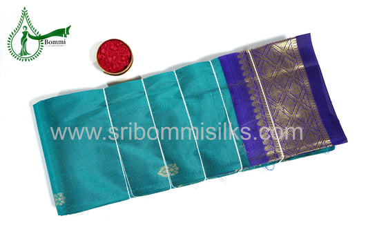 Sapphire Green Color Kanchipuram Korvai Traditional One Side Pure Silk Saree with Navy Blue Contrast Border Rich Pallu and Small fancy butta