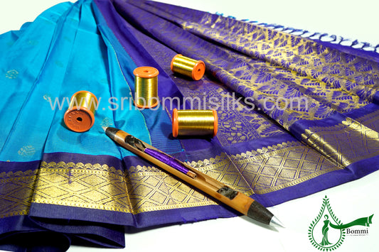 Sky Blue Color Kanchipuram Korvai Traditional One Side Pure Silk Saree with Navy Blue Contrast Border Rich Pallu and Small fancy butta