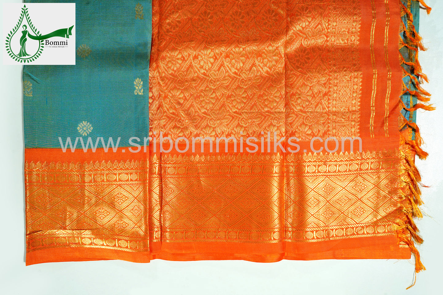 Shining Sky Blue Color Kanchipuram Korvai Traditional One Side Pure Silk Saree with Orange Contrast Border Rich Pallu and small fancy butta