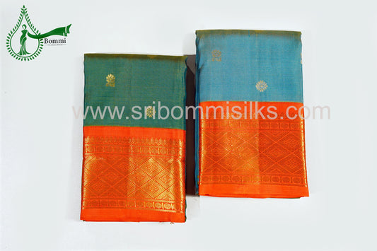 Shining Sapphire Green Color Kanchipuram Korvai Traditional One Side Pure Silk Saree with Orange Contrast Border Rich Pallu and small fancy butta