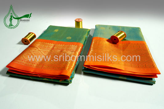 Shining Sky Blue Color Kanchipuram Korvai Traditional One Side Pure Silk Saree with Orange Contrast Border Rich Pallu and small fancy butta